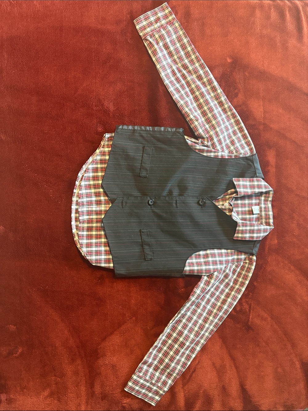 Plaid Button-Down Shirt with Pinstripe Vest - Red/White/Gray